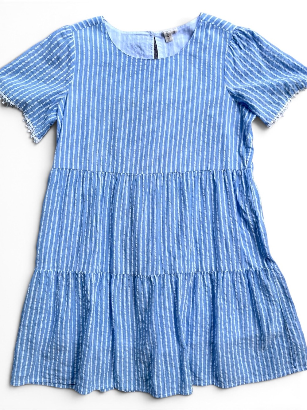 Seersucker Striped Dress | Blue & White Tiered | 100% Cotton Cottagecore | SZ L